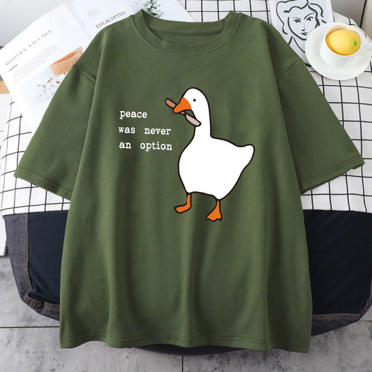 "Peace Was Never An Option" Graphic Cotton T-Shirt – Casual Loose Fit Cartoon Print for Men