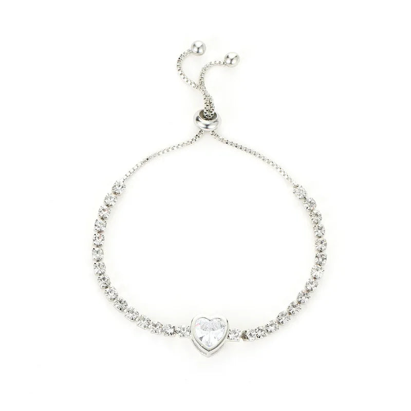 18K Gold Plated Adjustable Bracelet for Women – Rhinestone Heart Link with Square Zircon Charm