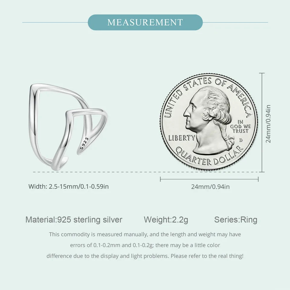 Adjustable V-Shaped Double Layer Ring in 925 Sterling Silver – Trendy Punk-Inspired Cocktail Ring for Women