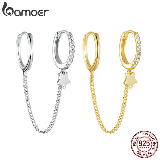 Sterling Silver Mono Double Hoop Chain Earring – Star Statement Design for Women & Teen Girls (Single Piece)