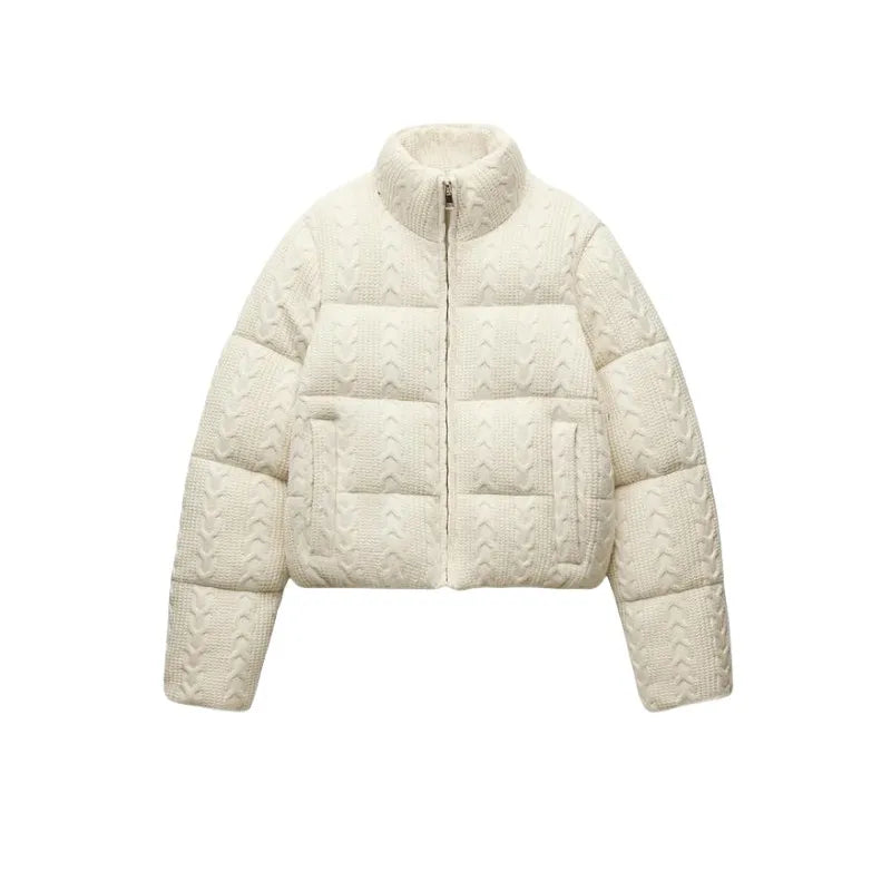 White Turtleneck Thick Knit Cotton Jacket – Elegant Wide-Waisted Puffer Coat