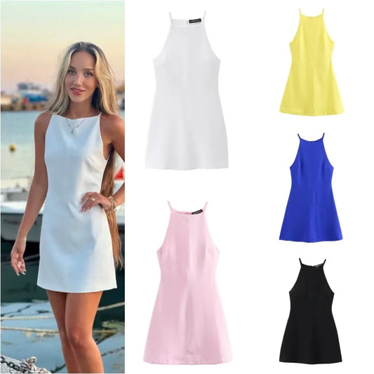 Stretch Knit Halter Mini Dress – 2024 TRAF Sleeveless A-Line Summer Fit with Interlock Neck