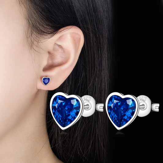 925 Sterling Silver Heart-Shaped Blue Crystal Stud Earrings – Romantic Wedding Jewelry for Women