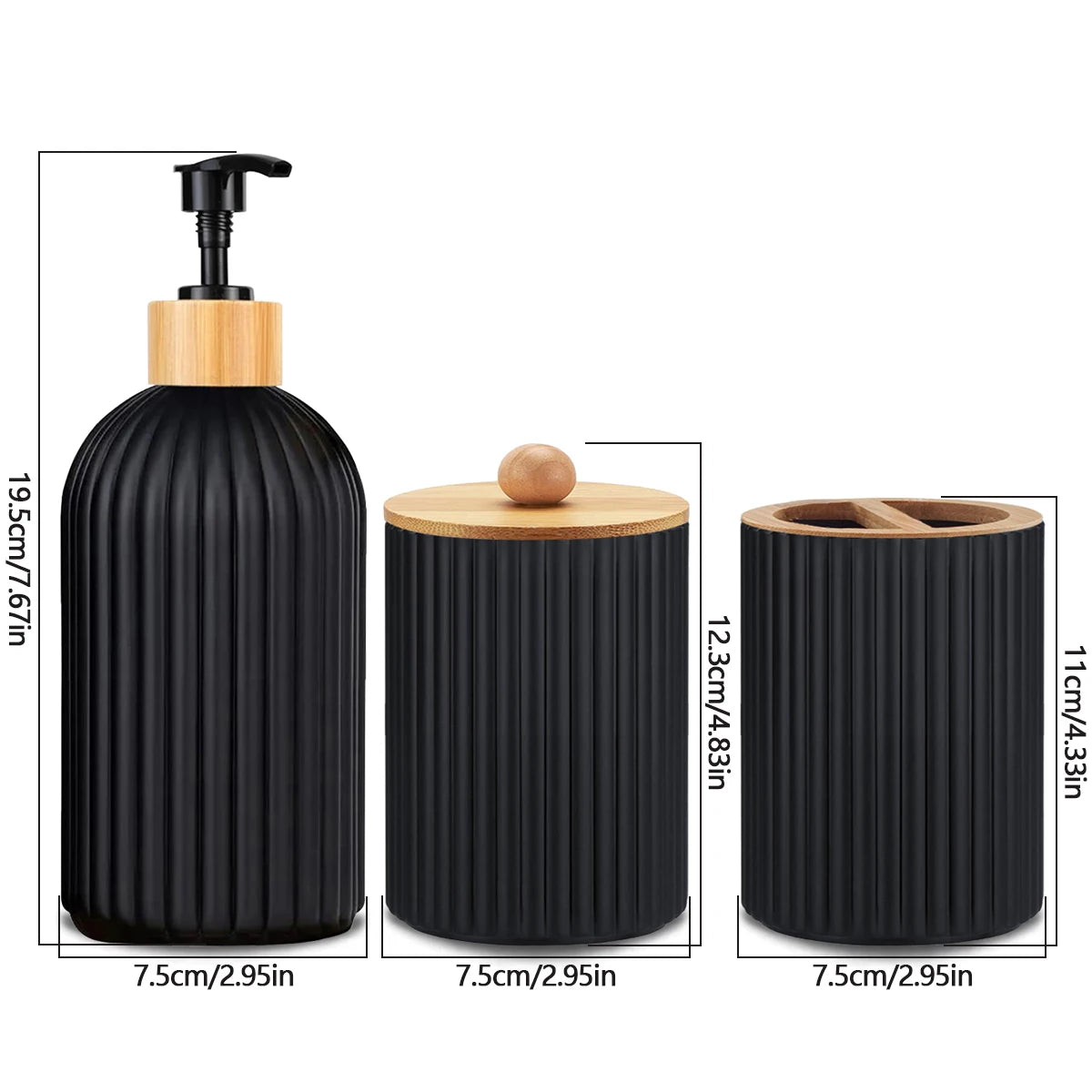 Bathroom Countertop Organizer – Hand Soap Dispenser, Cotton Ball Storage Box, and Toothbrush Holder with Bamboo Accents