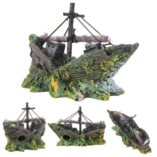 Vintage Pirate Ship Wreck Aquarium Decoration – Resin Sunken Boat Ornament for Fish Tank Landscape and Nautical Aquascaping