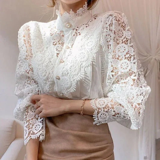 Vintage Lace Hollow Floral Blouse – Stand Collar Button-Up Long Sleeve Shirt for Women