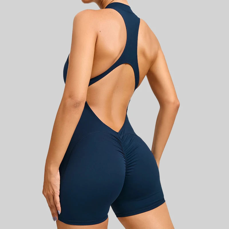 V-Back Scrunch Sports Jumpsuit for Women – Sleeveless Zipper One-Piece Gym Romper for Yoga & Fitness