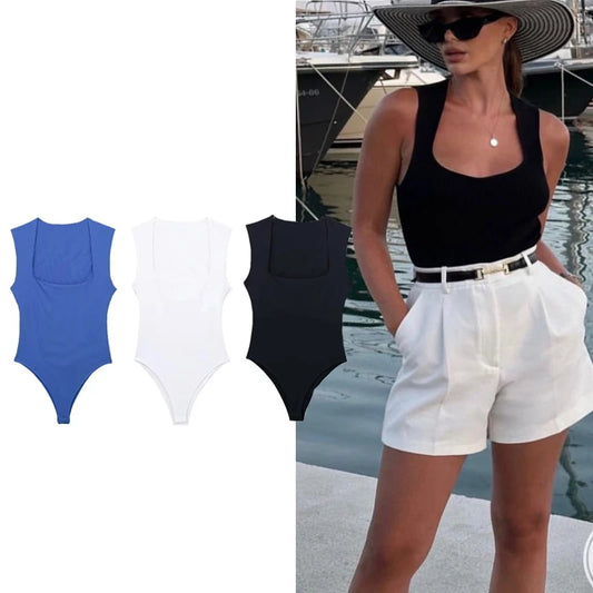 Square Neck Sleeveless Bodysuit – Skinny Fit One-Piece for Women, Solid Color Streetwear Style