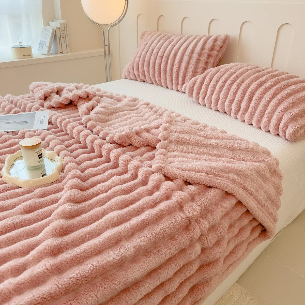 Solid Color Thickened Striped Blanket – Multifunctional Polyester Cover for Bed, Sofa, Naps, and Pets