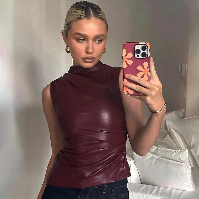 Women's Y2K Vintage PU Tank Top – Asymmetrical Slash Cut Sleeveless Crop Shirt for Summer Streetwear and Club Outfits