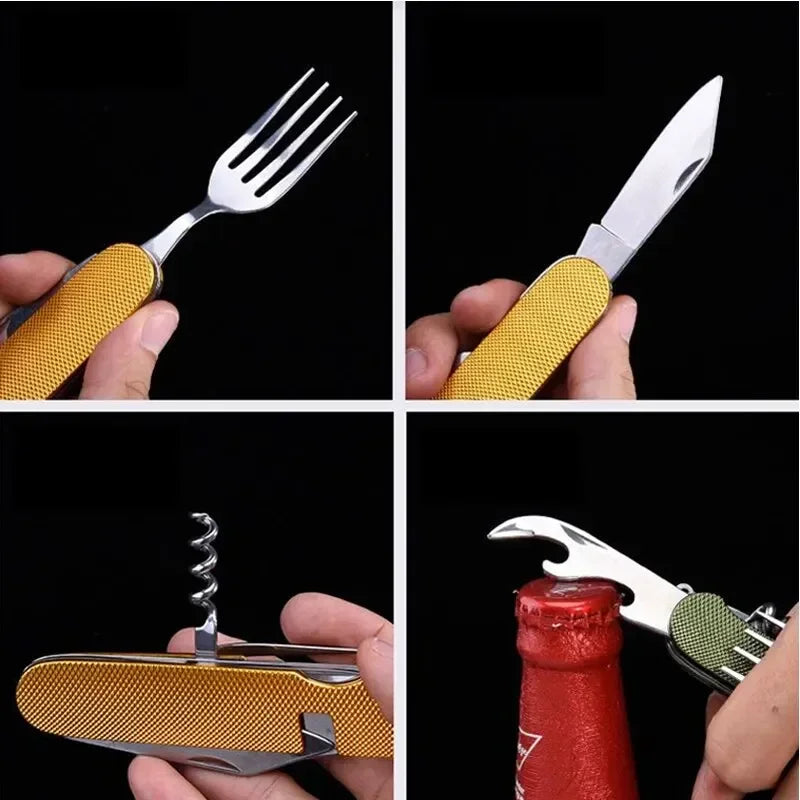 6-in-1 Foldable Camping Utensil Set – Stainless Steel Knife, Fork & Spoon Combo with Bottle Opener for Outdoor, Travel, and Picnic Use