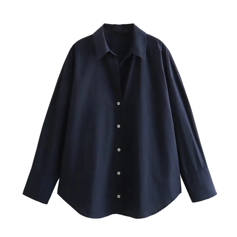 Women's Striped Poplin Button-Down Shirt – Loose Fit, Long Sleeve, Casual Lapel Top