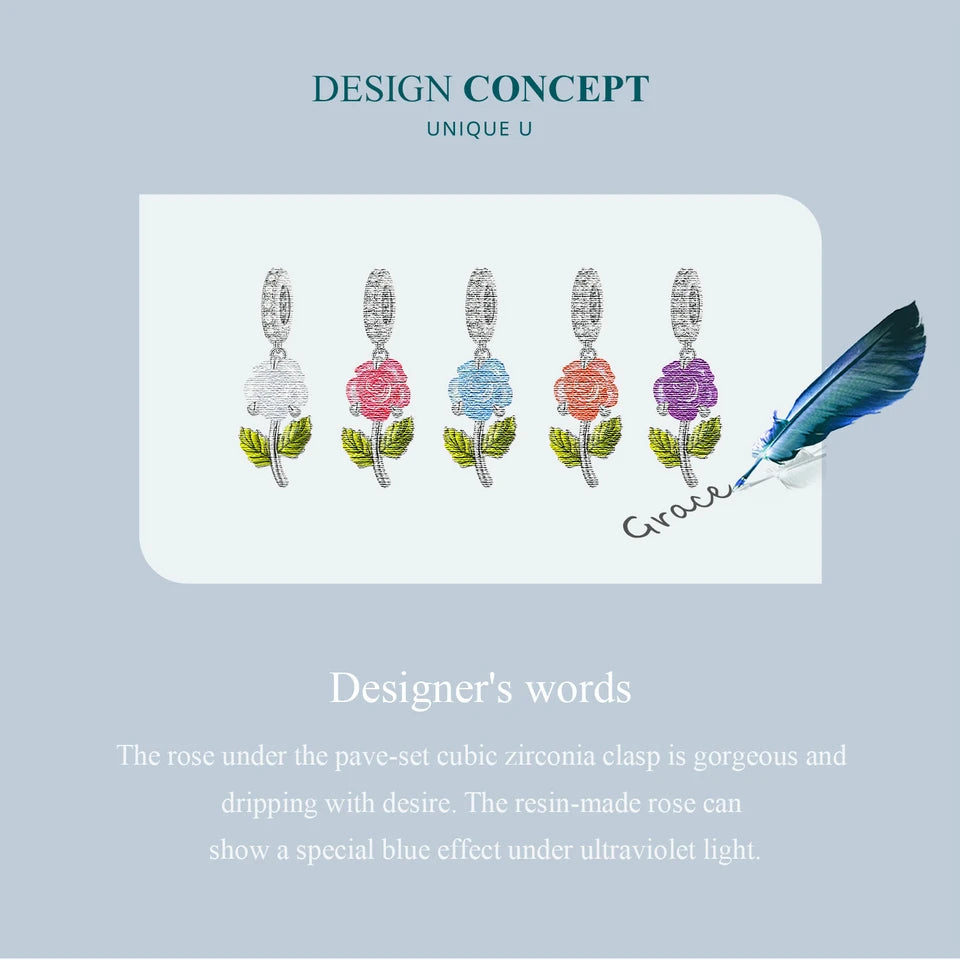 925 Sterling Silver Rose Hanging Charm – Color-Changing Flower Pendant for Bracelet or Necklace DIY