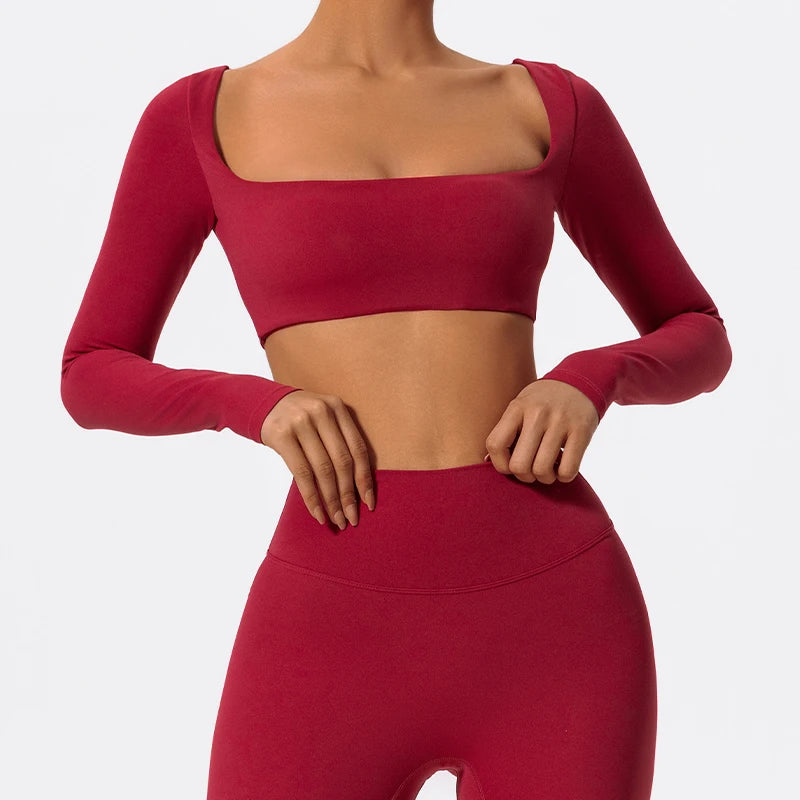 Square Neck Long Sleeve Sports Crop Top – Quick-Dry Yoga & Training Shirt for Women