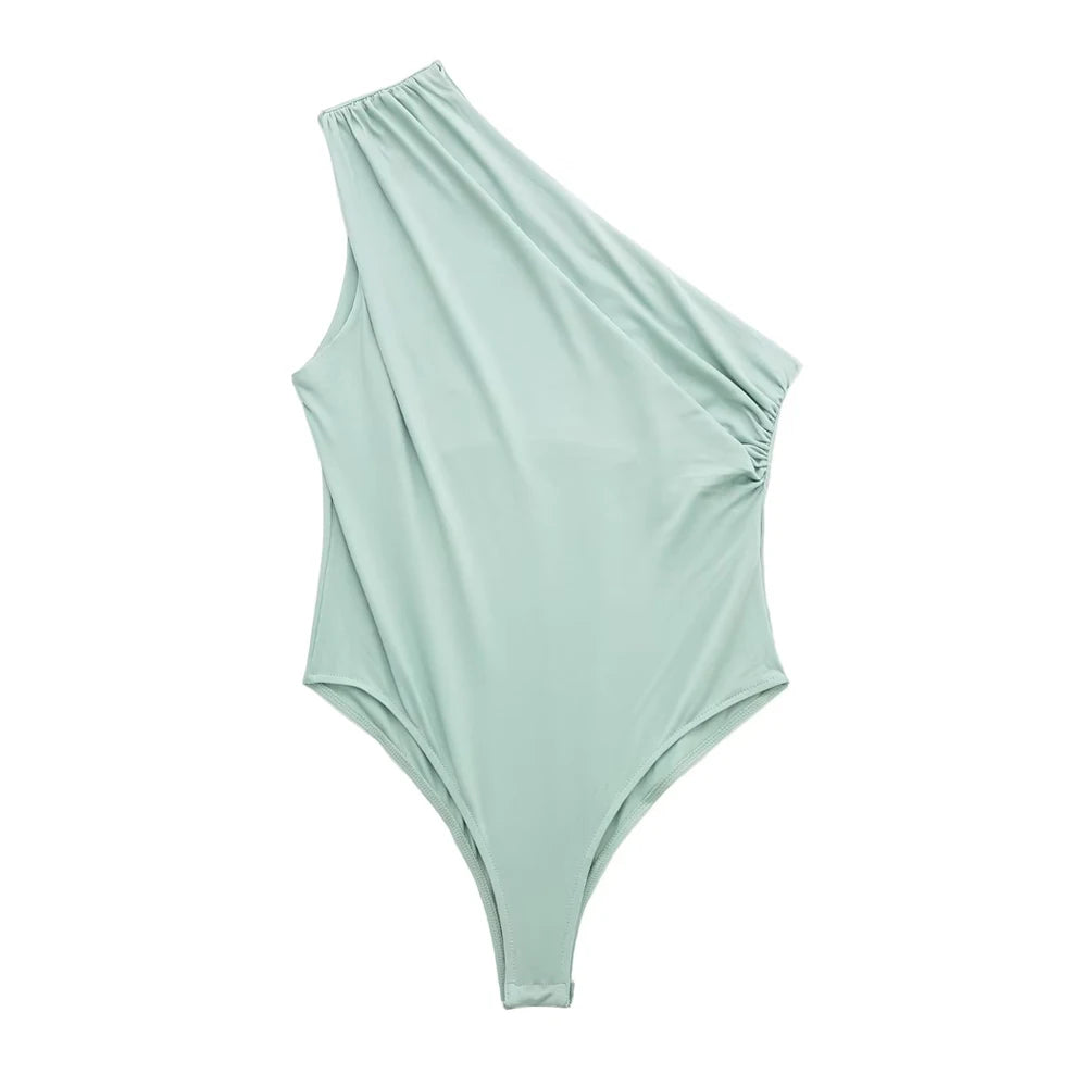 Asymmetric One-Shoulder Bodysuit with Ruched Detail and Snap Closure – Sexy Wide-Strap Clubwear for Women