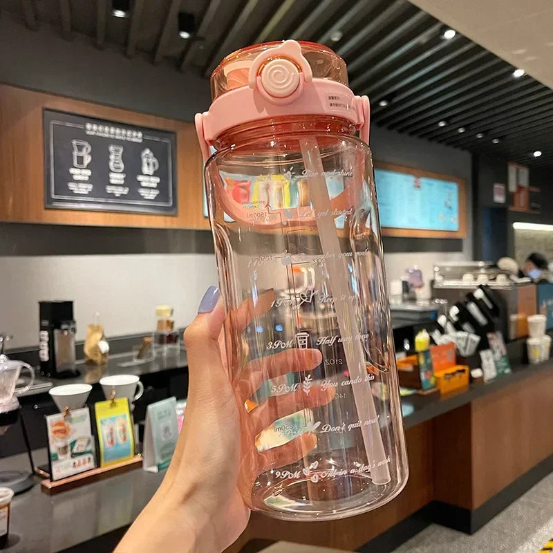 1.5L/2L Large Capacity Sports Water Bottle with Straw – Time Marker Plastic Travel Cup for Cold Juice & Hydration