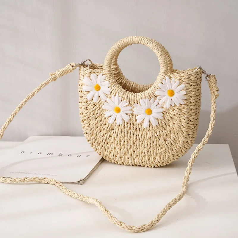 Bohemian Straw Moon Bag – Women's Handmade Woven Beach Shoulder & Crossbody Basket Handbag