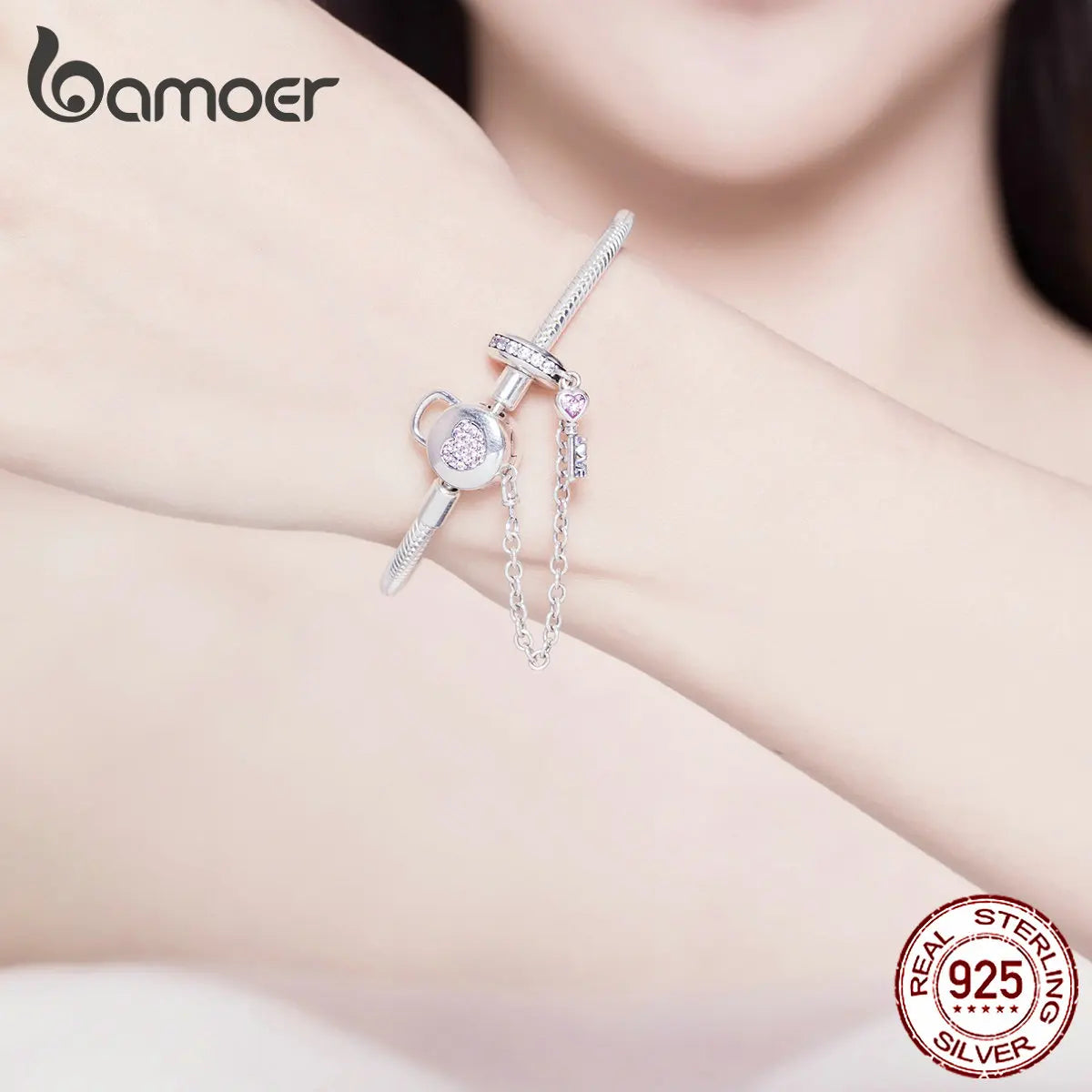 Sterling Silver Snake Chain Charm Bracelet – Pink Heart Lock & Key Design with Zircon Accents for Women