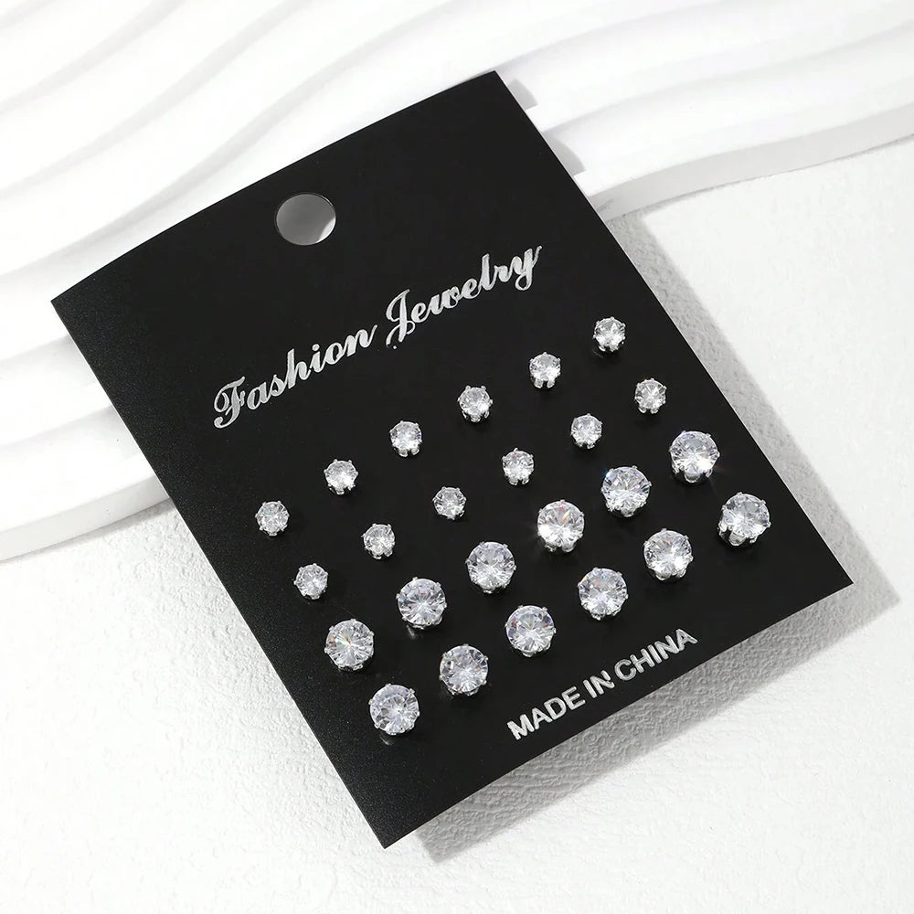 12-Pair Set Zircon Crystal Stud Earrings – Silver Color Round Ear Jewelry for Women and Men