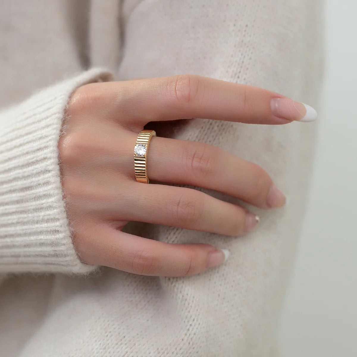 925 Sterling Silver Stripe Zircon Open Ring – Classic Adjustable Cocktail Jewelry for Women
