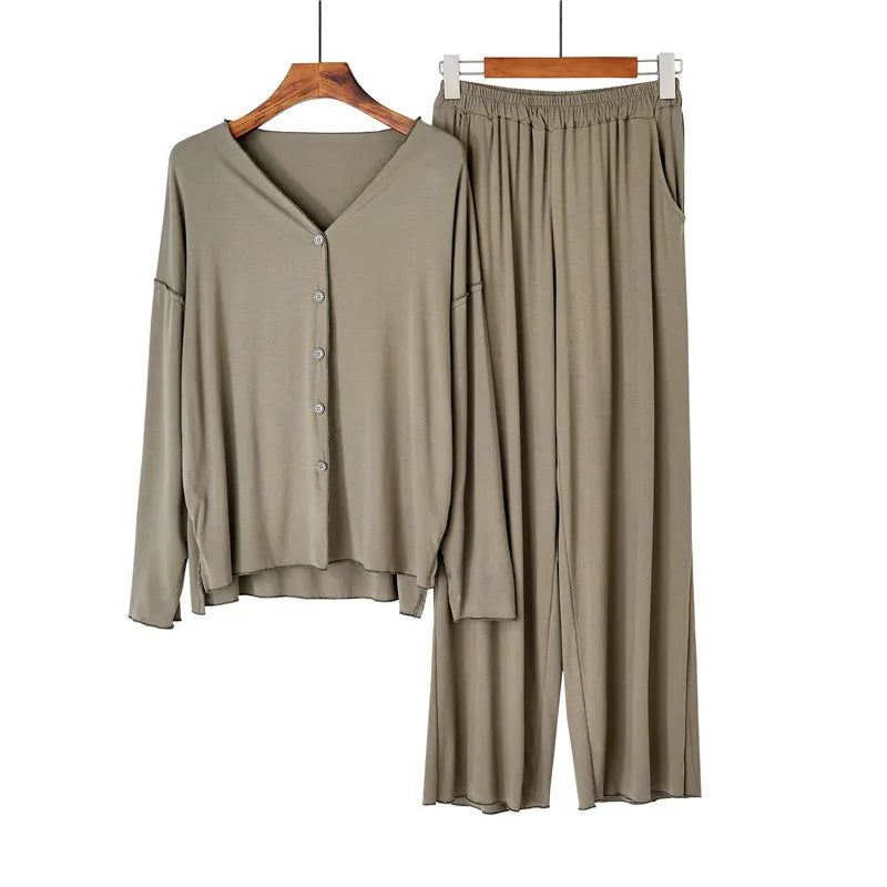 Women's 2-Piece Knit Pajama Set – Long Sleeve V-Neck Cardigan and Pants Loungewear for Winter and Spring Comfort