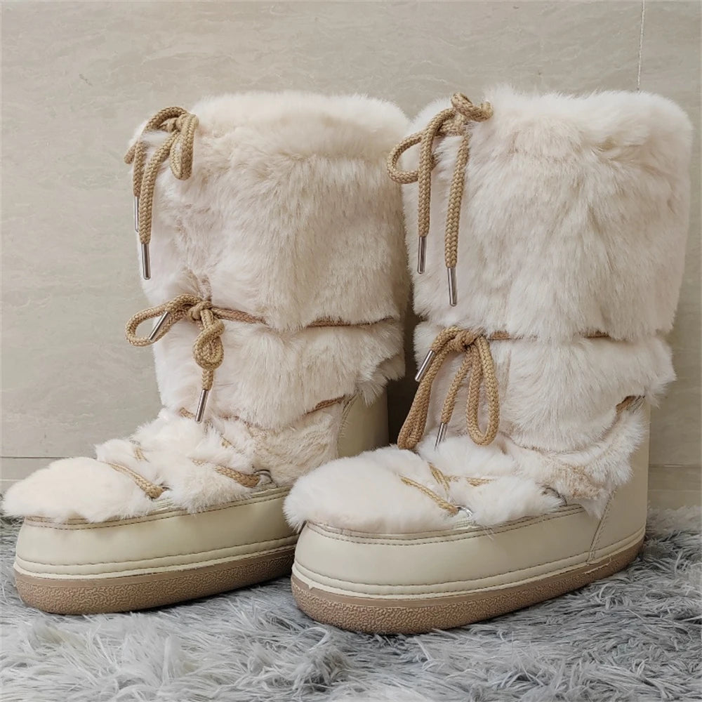 Women's Mid-Calf Snow Boots with Faux Rabbit Fur – Waterproof Winter Platform Ski Boots