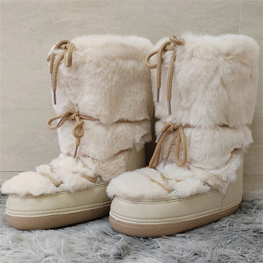Women's Mid-Calf Snow Boots with Faux Rabbit Fur – Waterproof Winter Platform Ski Boots