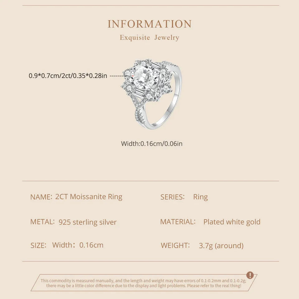 2 Carat Oval Moissanite Engagement Ring – D Color VVS1 Solitaire on 925 Sterling Silver with 18K White Gold Plating for Women