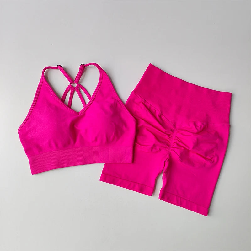 Women's Quick-Dry Yoga Set – High-Waisted Shorts & Beautiful Back Suspender Bra