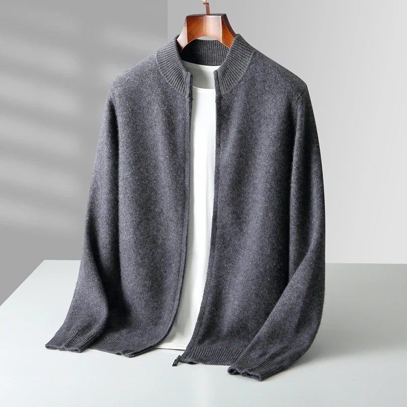 100% Merino Wool Men’s Zip Cardigan – Thick Warm Knitted Sweater with Mock Collar, Long Sleeve Casual Wool Top for Autumn & Winter