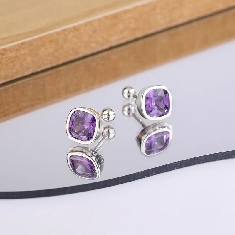 925 Sterling Silver Square Purple Zircon Stud Earrings – Elegant Women’s Piercing Jewelry for Party or Formal Wear