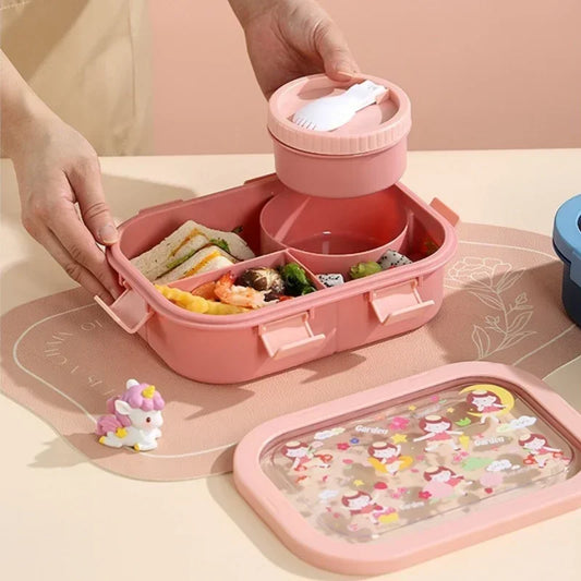 Cartoon Compartment Lunch Box for Kids – Leakproof Bento with Soup Bowl and Utensils, Microwave-Safe Meal Storage