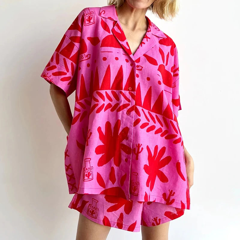 Women's Bohemian Graphic Print 2-Piece Lounge Set – Loose Button-Up Blouse and Elastic Waist Shorts for Summer Beachwear