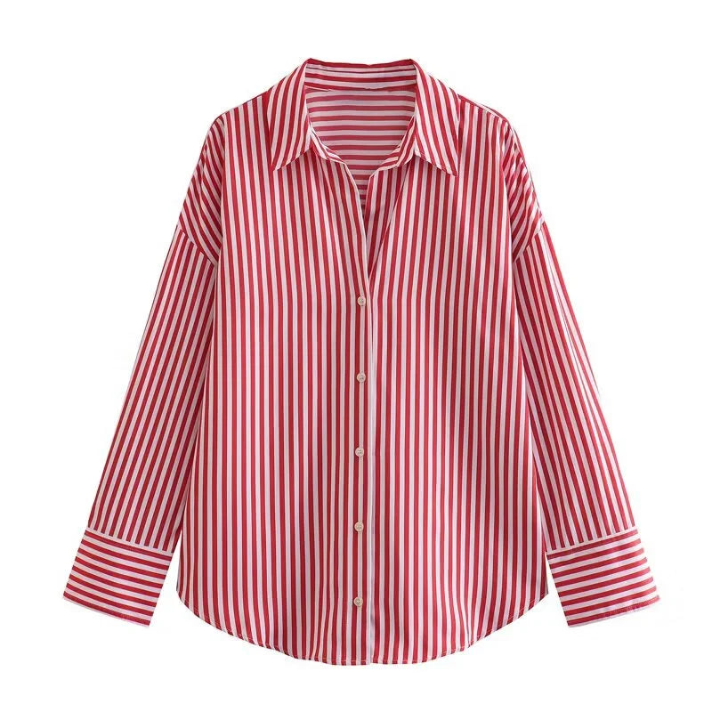 Women's Striped Poplin Button-Down Shirt – Loose Fit, Long Sleeve, Casual Lapel Top