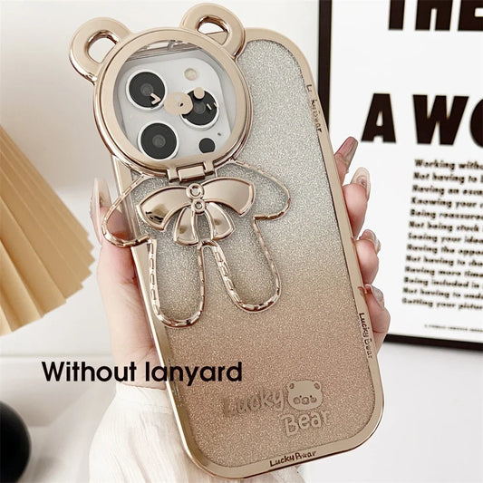Cute Glitter Bear Crossbody Case for iPhone 11/12/13/14/15/16 Series – Gradient Soft Cover, Stand, and Camera Protection