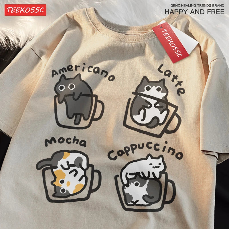Cat Coffee Cotton T-Shirt – Fun Mocha Latte Print, Loose Fit Summer Tee for Men and Women