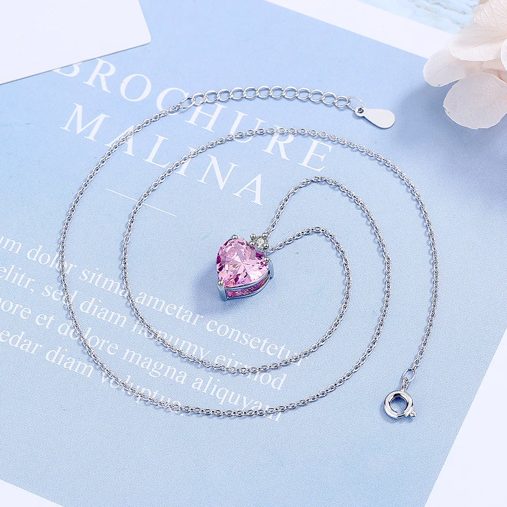 925 Sterling Silver Pink Heart Zircon Necklace – Romantic Chain Necklace for Women