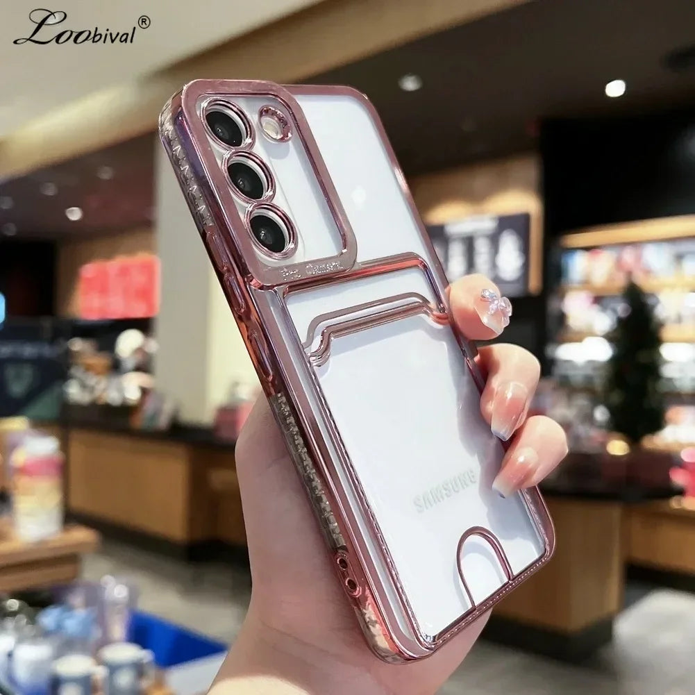 Transparent Card Holder Plating Case for Samsung Galaxy S24/S25/S23/S22/S21/S20 FE/Note 20 & A Series – Wallet TPU Cover with Lens Protection