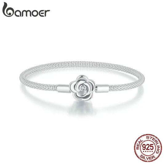Sterling Silver Rose Buckle Charm Bracelet – 925 Silver Classic DIY Bead Chain for Women, 17CM/19CM/21CM