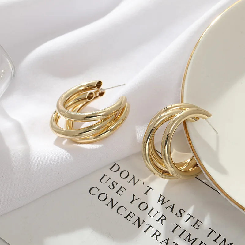 Triple-Layer Stainless Steel Hoop Earrings – Vintage C-Shape Geometric Drop Earrings for Women