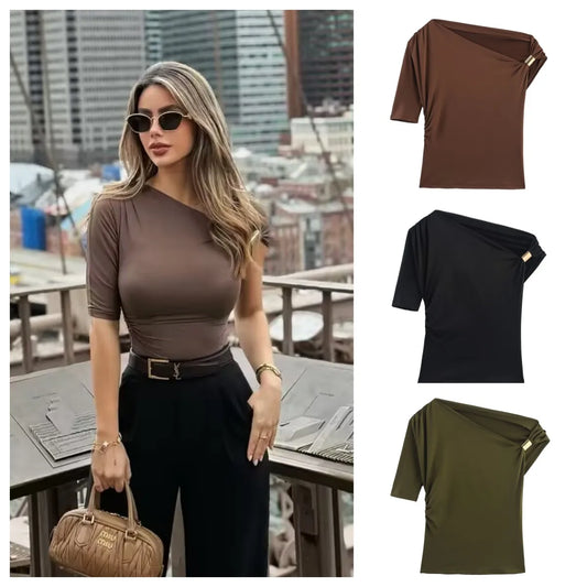 Women's Elegant Asymmetric Off-Shoulder Slim T-Shirt – Sexy Short Sleeve Casual Top for Summer Night Out