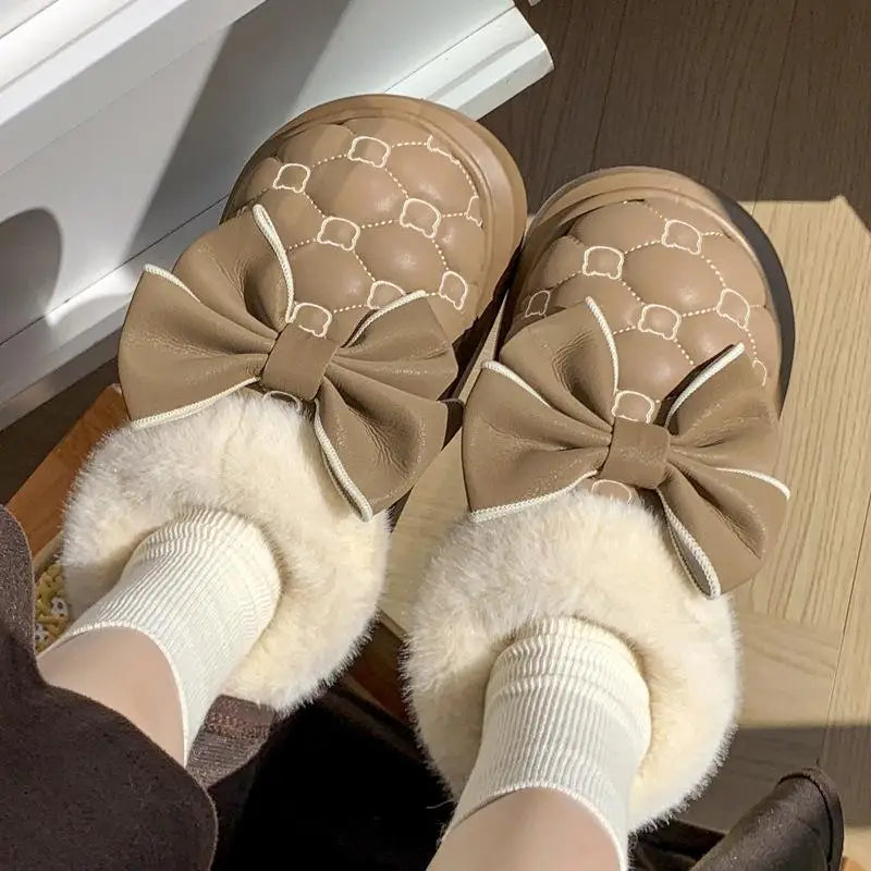 Women's Platform Snow Booties – Cute Bowknot Indoor Winter Slippers with Plush Lining and Flat Sole