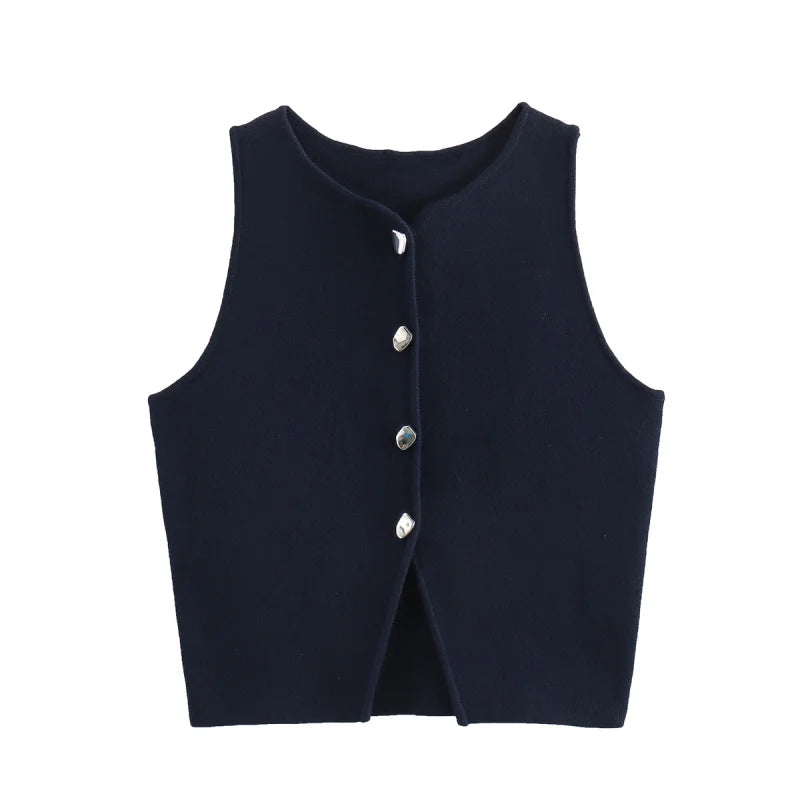Slim Fit Knit Button Vest – Sleeveless Round Neck Solid Color Crop Top