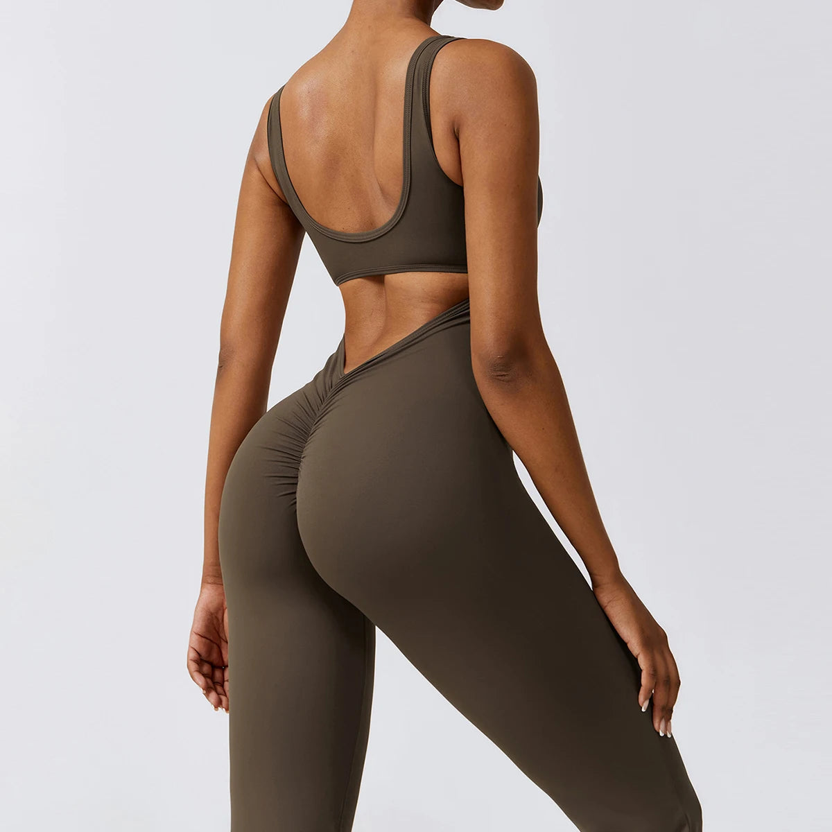V-Back Scrunch Jumpsuit for Women – Stretchy Sleeveless Sports Romper for Yoga, Gym & Outdoor Workouts