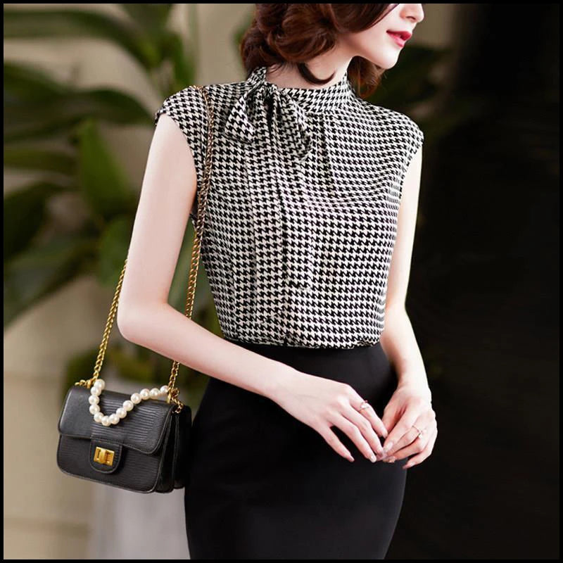 Women's Summer Sleeveless Chiffon Blouse – Korean Houndstooth Print with Bow Lacing and Stand Collar
