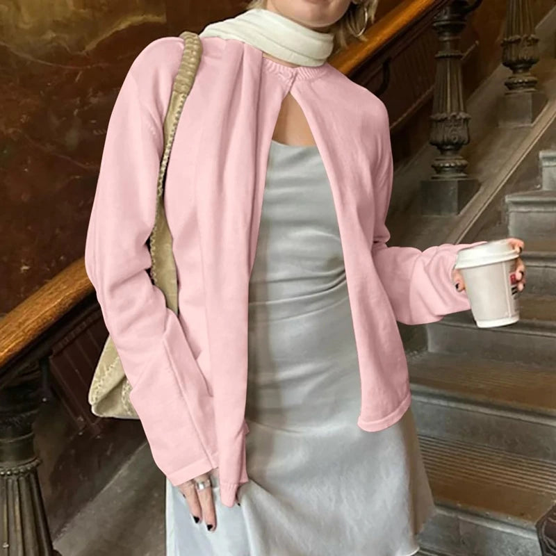 Women's Y2K Slim Fit Knitted Cardigan – One Button O-Neck Long Sleeve Pullover Sweater for Autumn and Winter Vintage Style