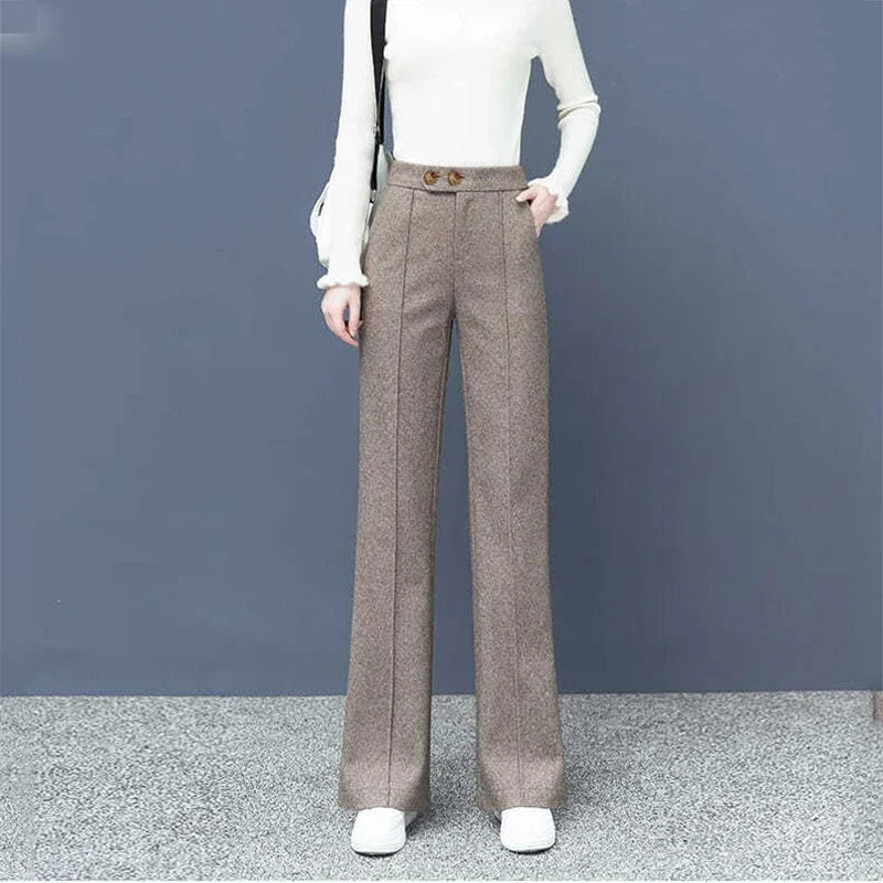 Thick Wool Blend High-Waist Wide Leg Pants for Women – Korean Style Winter Loose Fit Trousers