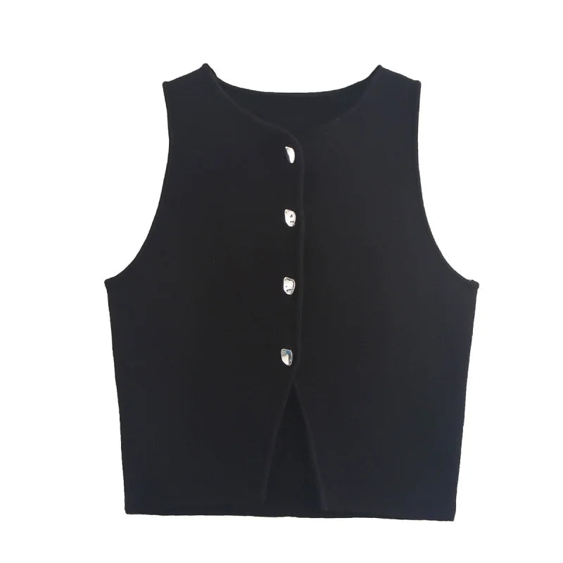 Slim Fit Knit Button Vest – Sleeveless Round Neck Solid Color Crop Top