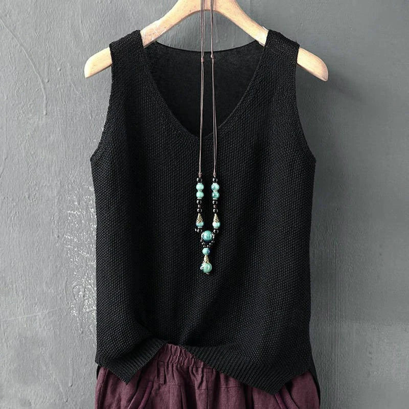 Sleeveless Knitted V-Neck Blouse for Women – Summer Casual Straight-Fit Top