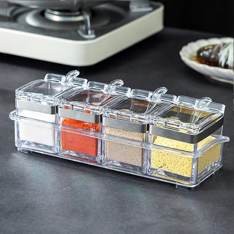 Clear Seasoning Box Set – 4 Crystal Spice Containers with Lids & Spoons, Compact Organizer for Kitchen or Camping